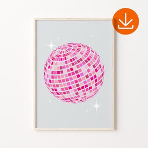Plakat Glam Mirror Ball, Estetyczny plakat Disco, Wydruk artystyczny Disco Ball, Pobieranie cyfrowe, Sztuka Preppy Bar Cart, Modny wystrój ścienny Retro z lat 70.