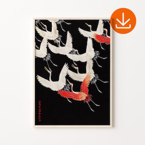 Japanese Flying Crane Poster, Japanese Art Print, Digital Download, Vintage Style Bird Print, Black Crane Style Poster, Crane Home Wall Art