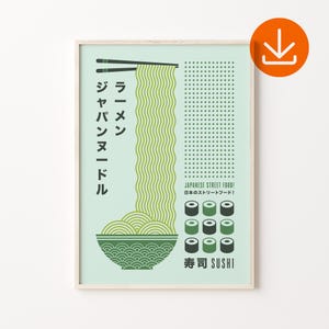 Green Japanese Minimal Noodle Art Print, Kitchen Sushi Wall Decor, Ramen Print, Asian Food Print, Sushi Art Print, Noodle Soup Wall Print