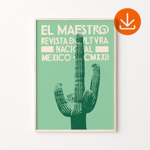 Mexikanischer grüner Kaktus Kunstdruck, digitaler Download, traditionelle mexikanische Volkskunst Kaktus Poster, Vintage Wüstenkaktus Kunst, mexikanische Volkskunstdruck