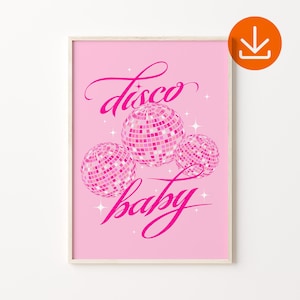 Disco Baby Print, Glam Mirror Ball Poster, Retro 70s Mirror Ball Wall Print, Disco Ball Art Print, Digital Download, Preppy Bar Cart Art