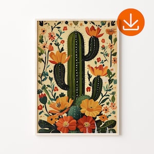 Mexikanische Kaktus Kunstdruck, traditionelle mexikanische Folklore Kaktus Poster, digitaler Download, Vintage Wüstenkaktus Kunst, mexikanische Boho Wohnkultur
