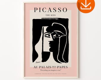 ピカソ「接吻」プリント：白黒モダンアート（デジタルダウンロード