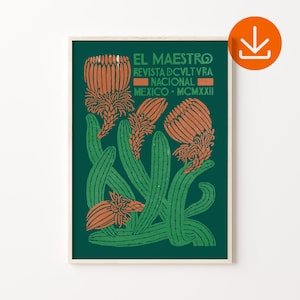 Druckbare mexikanische Wandkunst, digitaler Download, mexikanischer El Maestro Kunstdruck, Retro Kaktus Plakat, traditionelles lateinisches Dekor, botanische Wandkunst