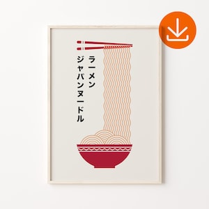 Vintage Red Asian Ramen Food Print, Noodle Art Print, Ramen Print, Kitchen Noodle Wall Decor, Sushi Art Print, Chopstick Art, Noodle Poster
