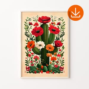 Folk Mexikanischen Kaktus Poster, Mexikanische Blumen Kaktus Kunstdruck, Digital Download, Vintage Wüstenkaktus Kunstdruck, Mexikanische Boho Wand Kunst Druck