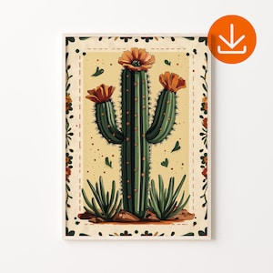 Mexican Cactus Art Print, Traditional Folk Mexican Cactus Poster, Digital Download, Vintage Desert Cactus Art, Mexican Boho Home Decor