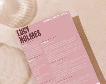 Plantilla de currículum vitae, profesional creativo, negrita, individual, rosa polvoriento, ciruela - Canva, descarga instantánea, carta de presentación, 2023