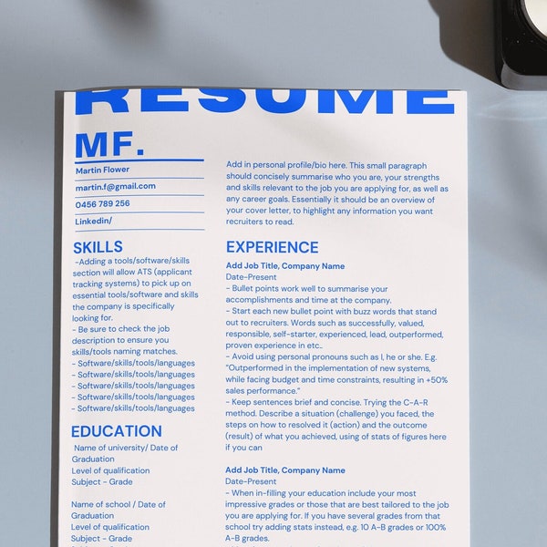 Resume CV Template, Creative Professional, Bold, Individual, Minimal, Stand Out, Blue/Cream - Canva, Instant Download, 2023