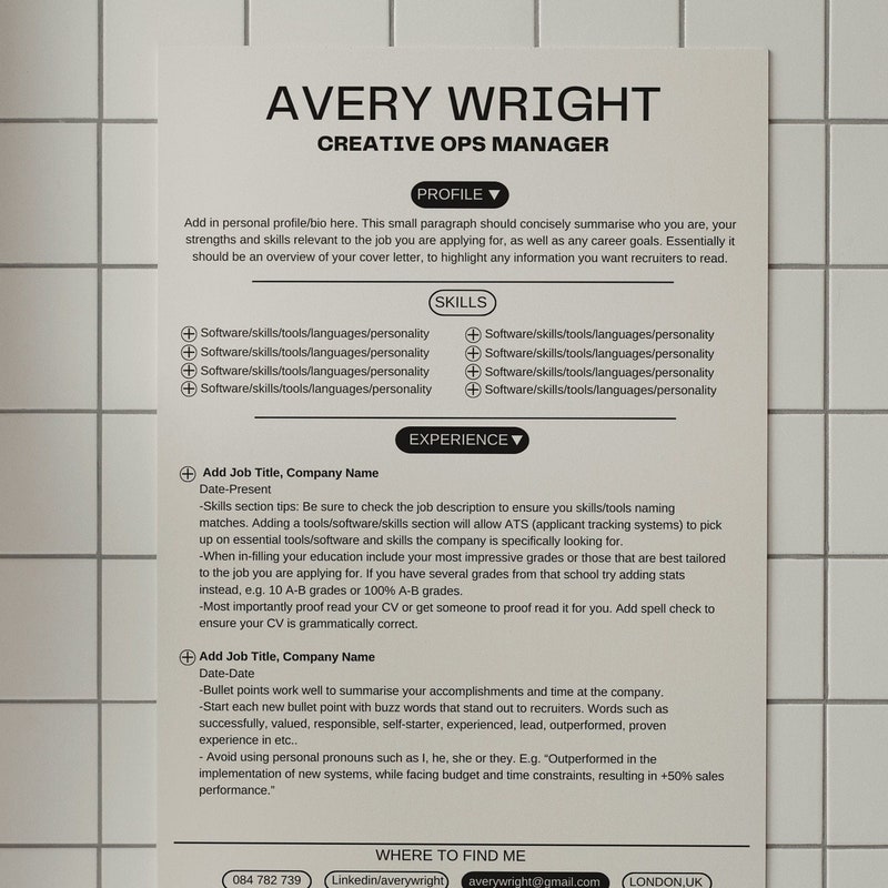 Resume Template Black and White Etsy