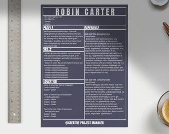 Plantilla de currículum vitae, Profesional creativo, Negrita, Individual, Azul, Pizarra - Canva, Descarga instantánea, Carta de presentación, 2023