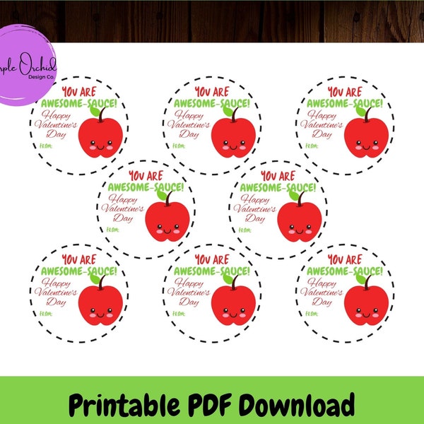 Printable Valentine for Kids, Apple Sauce Valentines, You Are Awesome-sauce, Class Valentines, Preschool Valentines