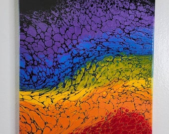 May include: Abstract painting on canvas with a rainbow color scheme. The colors are separated by black lines and have a textured, bubbly appearance.