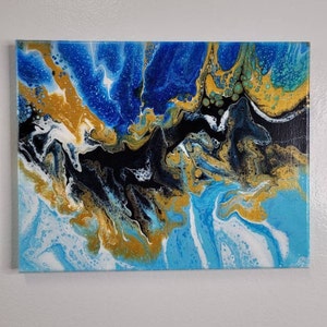Gold and Blue Fluid Acrylic Pour Painting, Fluid Acrylic Pour Art, Abstract Art, Original Art On Canvas, Home Decor, Wall Art