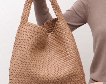 Woven Vegan Leather Bag, Large capacity Bag, Shoulder Bag, Shopper Shoulder Bag, Holiday Tote, Leather Bag, Leather Handbag, Woven Handmade