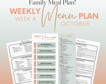 Può includere: Un piano pasto settimanale per il mese di ottobre. Il piano include ricette per No Peek Beef Tips, pancake in teglia, pollo teriyaki in pentola a cottura lenta, nachos in teglia, saltato di manzo con verdure, gnocchi al pesto e zuppa di broccoli e formaggio cheddar. Il piano include anche una lista della spesa.