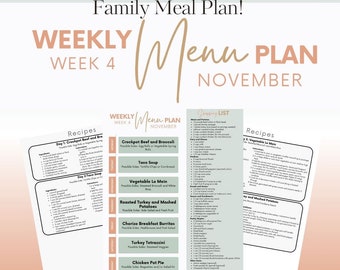 Può includere: Un piano pasti settimanale per novembre con ricette per ogni giorno della settimana. Il piano include piatti come Manzo e Broccoli in pentola a cottura lenta, Zuppa di Taco, Lo Mein di verdure, Tacchino arrosto e purè di patate, Burritos di colazione con chorizo, Tetrazzini di tacchino e Torta di pollo.