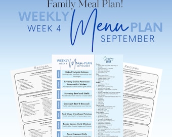 Può includere: Un piano pasti settimanale per settembre, con ricette per ogni giorno della settimana. Il piano include piatti come salmone teriyaki al forno, pasta al parmigiano e aglio cremosa con pollo, manzo e conchiglie in pentola, manzo e broccoli in pentola a cottura lenta, costolette di maiale e patate gratinate, pollo al forno al limone e alle erbe e tacos crescent.