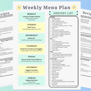 Può includere: Un piano di menu settimanale con una lista della spesa e ricette per ogni giorno della settimana. Il menu include piatti come pollo cremoso Alfredo, tacos di manzo, ziti al forno, pollo e verdure in teglia, salmone glassato al miele e aglio, riso fritto con verdure e pizza margherita.