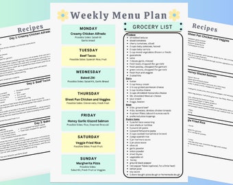 Può includere: Un piano di menu settimanale con una lista della spesa e ricette per ogni giorno della settimana. Il menu include piatti come pollo cremoso Alfredo, tacos di manzo, ziti al forno, pollo e verdure in teglia, salmone glassato al miele e aglio, riso fritto con verdure e pizza margherita.