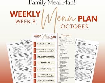 May include: A weekly meal plan for October, with recipes for each day of the week. The plan includes dishes like sheet pan steak and potatoes, crockpot chicken and dumplings, beef and cheese quesadillas, fish and chips, tortellini alfredo, beef and noodle soup, and cordon bleu chicken rolls. A shopping list is also included.