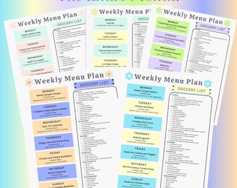 May include: A colorful printable weekly meal planner with a grocery list for each day of the week. The planner features a different color for each day and includes a variety of meal ideas.
