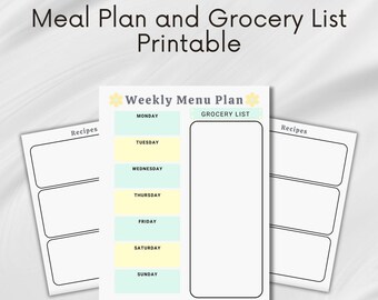 Può includere: Un pianificatore di menu settimanale stampabile con una sezione per la lista della spesa. Il pianificatore ha un design floreale giallo e blu e include spazi per le ricette e la pianificazione dei pasti per ogni giorno della settimana.
