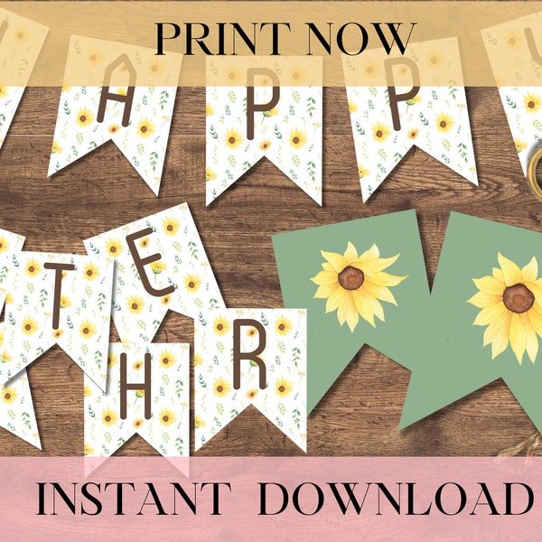 Printable Digital Spring Sunflower Banner | Yellow/White | Floral | Mother's Day | Customizable Letters A-Z | ALL SIZES BUNDLE | Print Now