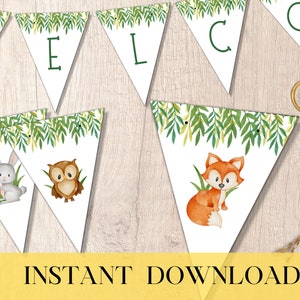 Printable Baby Shower Flag Banner | Welcome | Woodland Forest Baby Animal Theme | ALL SIZES BUNDLE +Mini | Instant Download | Print Now