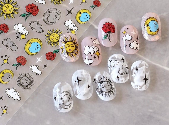 Sun Star Moon Cloud Rose Vintage Nail Decal