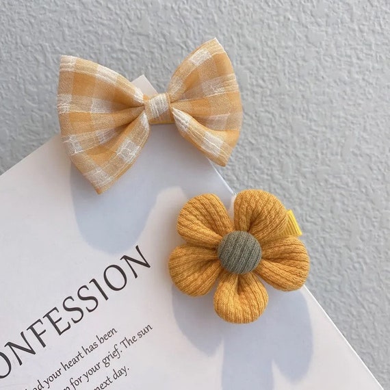Floral Yellow Flower / Yellow Plaid Bow Ribbon Hair Clip - Etsy display picture 2