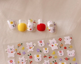 Cute Pink Bear Cherry Flower Nail Decal Nail Stickers
