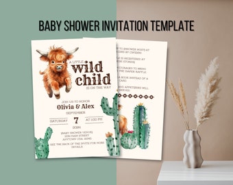 Western baby shower invitations, cow theme baby shower invitation canva template, highland cow baby shower invitation boy western