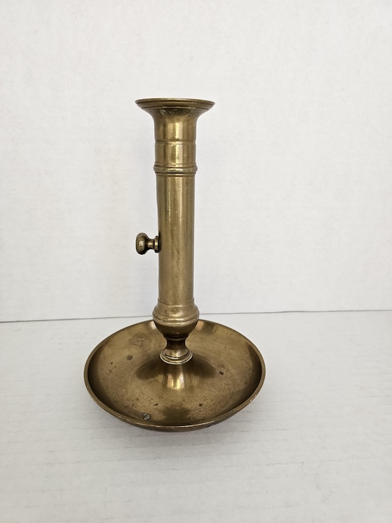 Vintage Brass Candlestick with Drip Tray | Adjustable Chamberstick Style Candle Holder | Antique Brass Decor