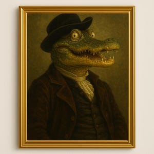 Crocodile Gentleman Art Print | Quirky Alligator Portrait | Renaissance Animal Wall Art | Funny Reptile Poster | Digital Download Decor