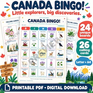 May include: A Canada Bingo game set featuring a printable PDF with 24 unique boards and 26 calling cards. The central board displays a 5x5 grid with Canadian provinces, territories, wildlife, and flora illustrations, including a free center space.