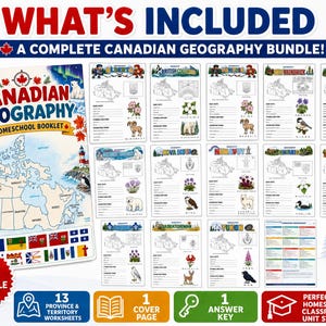May include: A Canadian geography homeschool bundle featuring a cover page with a map of Canada, 13 province and territory worksheets with illustrations of regional animals and flowers, and one answer key page, totaling 15 printable pages.