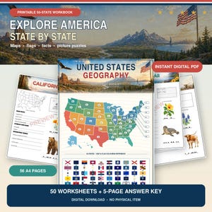 以下が含まれることがあります： 「Explore America State By State」と題された50州の印刷可能なワークブックで、アメリカ合衆国の地理ワークシートが含まれています。デジタルPDFには、56枚のA4ページにわたる地図、旗、事実、絵パズルと、5ページの解答キーが含まれています。