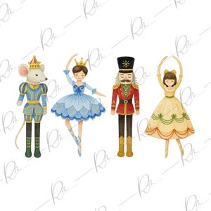 May include: A watercolour illustration featuring four characters from The Nutcracker ballet. Depicted are a mouse king in blue and gold, a ballerina in a blue dress, a nutcracker soldier in red and gold, and a ballerina in a yellow dress.