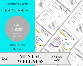 Daily Mental Wellness Journal Page | Positive Affirmations Daily Diary | Self Care Journal | Printable Daily Journal for Mental Health