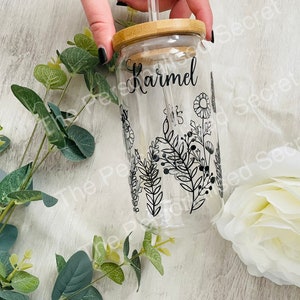 Personalised Glass Jar | Bamboo lid and glass straw | 480ml | customised name | gift ideas | floral Jar tumbler | cold drinkware