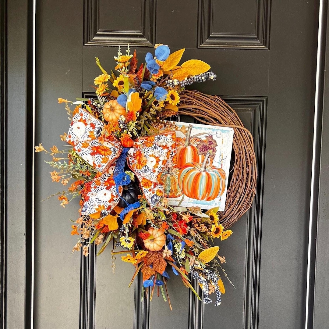 Autumn Harvest Grapevine Wreath for Front Door, Vibrant Fall Pumpkin ...