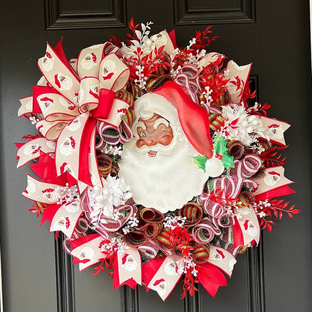 African American Santa Christmas Wreath for Front Door, Santa Claus