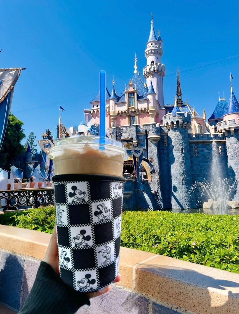 May include: A cold beverage in a clear plastic cup with a black and white Mickey Mouse checkered sleeve and a blue straw. The background features a castle with blue turrets and a fountain under a clear blue sky.