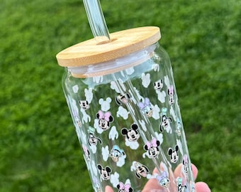 Vaso de cristal con diseño de ratón mágico, tapa de bambú y pajita de cristal / Vaso para café helado