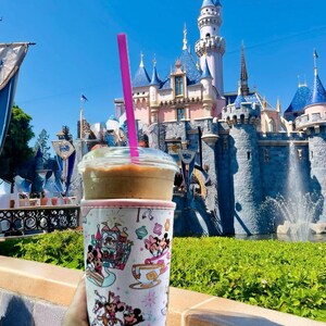 May include: A clear plastic cup with a brown beverage and a pink straw, held in a decorative sleeve featuring Disney characters. The background shows a sunny day with a castle and blue sky.