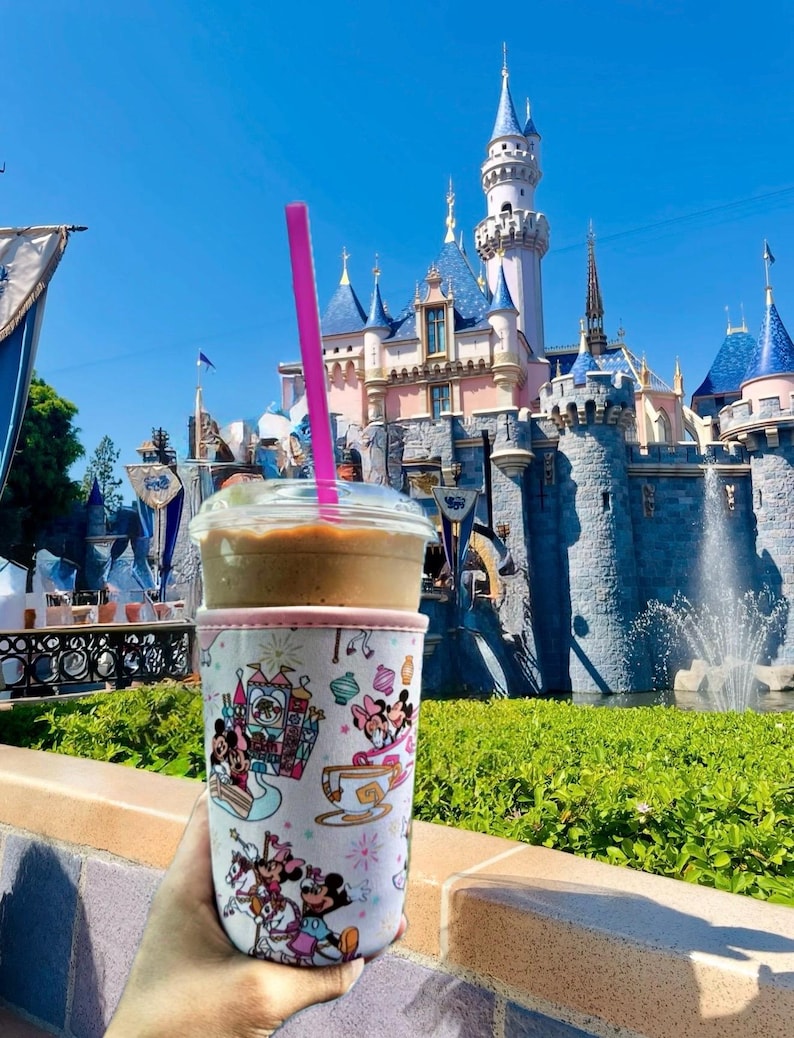 May include: A clear plastic cup with a brown beverage and a pink straw, held in a decorative sleeve featuring Disney characters. The background shows a sunny day with a castle and blue sky.