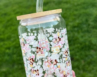 Vaso de cristal con pajita / Vaso para café helado con diseño del parque temático Magical Mouse (16 oz/20 oz)
