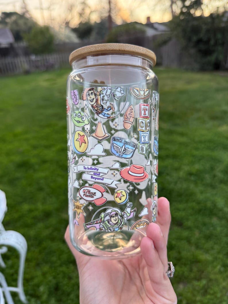 Vaso de cristal Toy Friends con pajita / Vaso para café helado, 473 ml 591 ml, Buzz Woody imagen 6