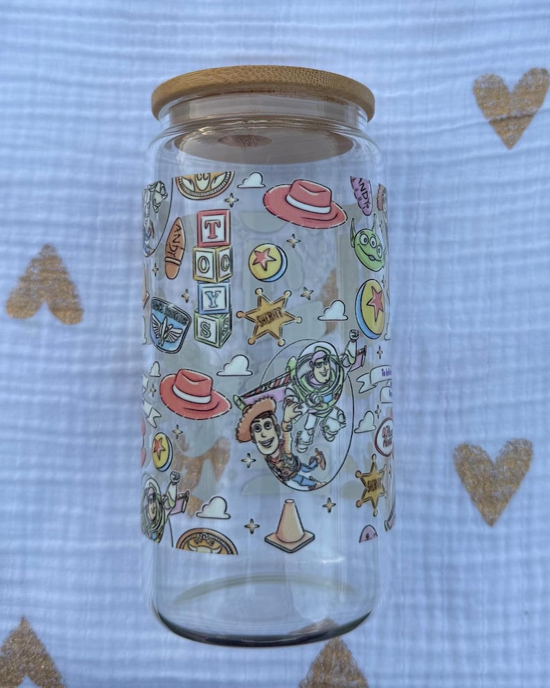 Vaso de cristal Toy Friends con pajita / Vaso para café helado, 473 ml 591 ml, Buzz Woody imagen 5